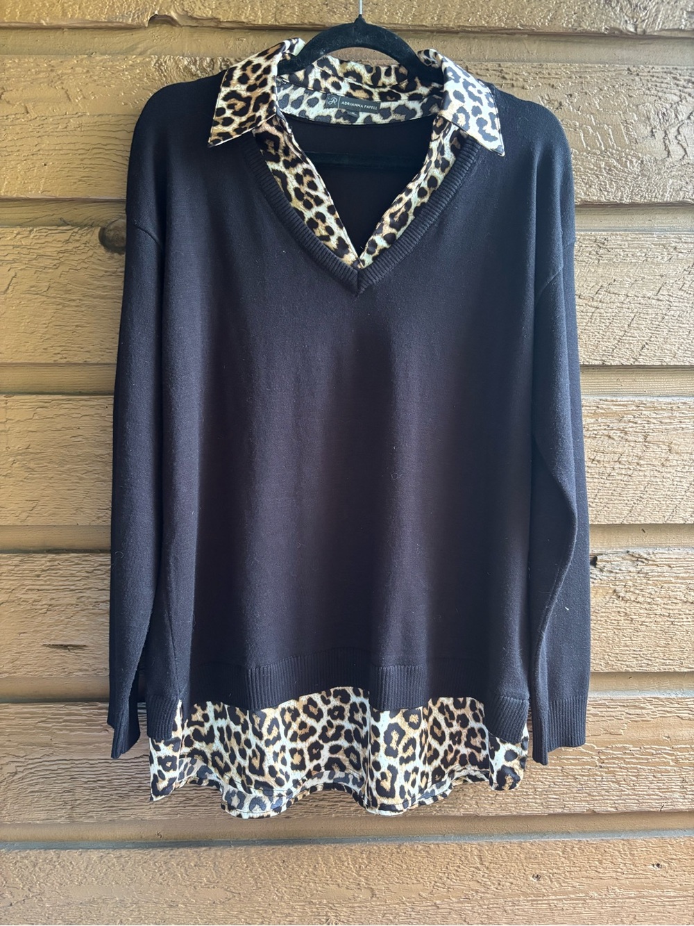 Black V-Neck Pullover with Leopard-Print Trim